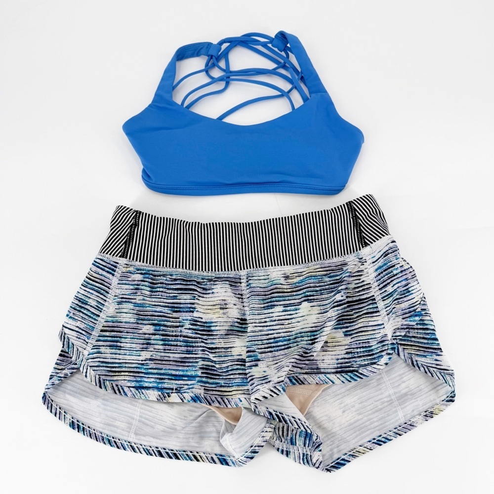 Lululemon Striped Speed Shorts and Blue Sports Bra Set Size 4